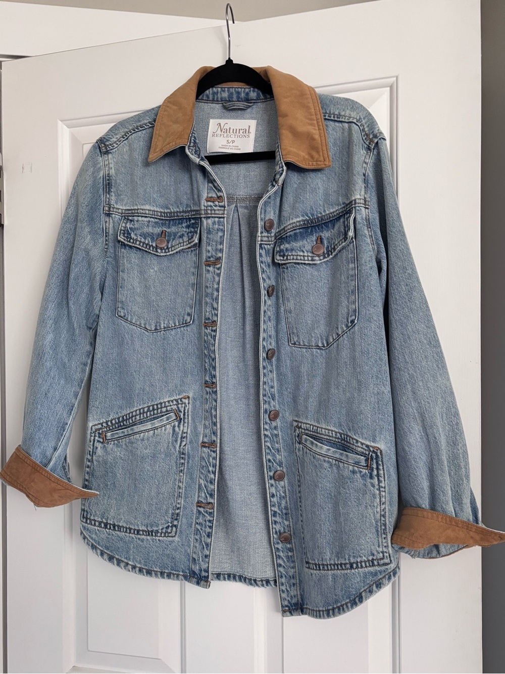 Women’s Light Blue Denim Chore Jacket with Brown Collar